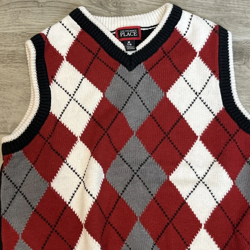 The Children's Place Argyle Vest Boys Size M 7/8 Navy Blue, Red, White